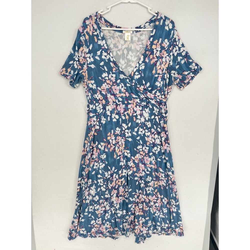Matty M Floral Faux Wrap Dress XL Teal Blue Short Sleeve V-Neck Jersey Knit